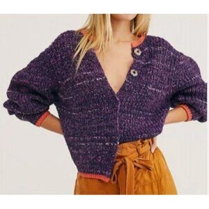 NWT FREE PEOPLE XL WALK ON BY PURPLE ORANGE SNAP YARN BOXY CARDIGAN SWEATER TOP
